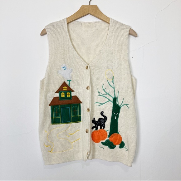 Vintage Jackets & Blazers - Vintage Halloween knit vest cream ugly sweater